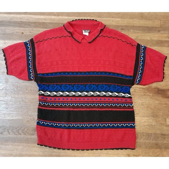 Vtg Womens Grandpa Sweater Sz Small Knit Polo 3D Red Black Blue 90s Fair Isle - Picture 1 of 6
